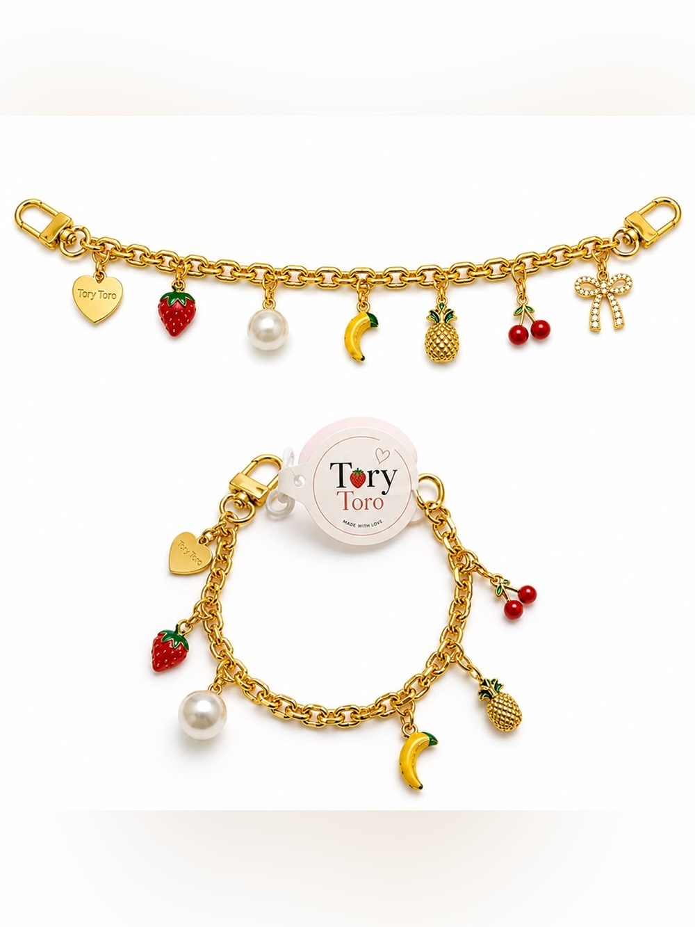 Tory Toro Handmade 12” Gold Fruit Bag Charm | 18K Gold Plated | 🍓🍌🍍 - Picture 3 of 15